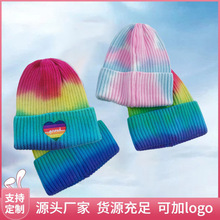 外贸女士毛线帽彩色针织帽mlb帽子女冬高级感扎染色彩虹针织帽子