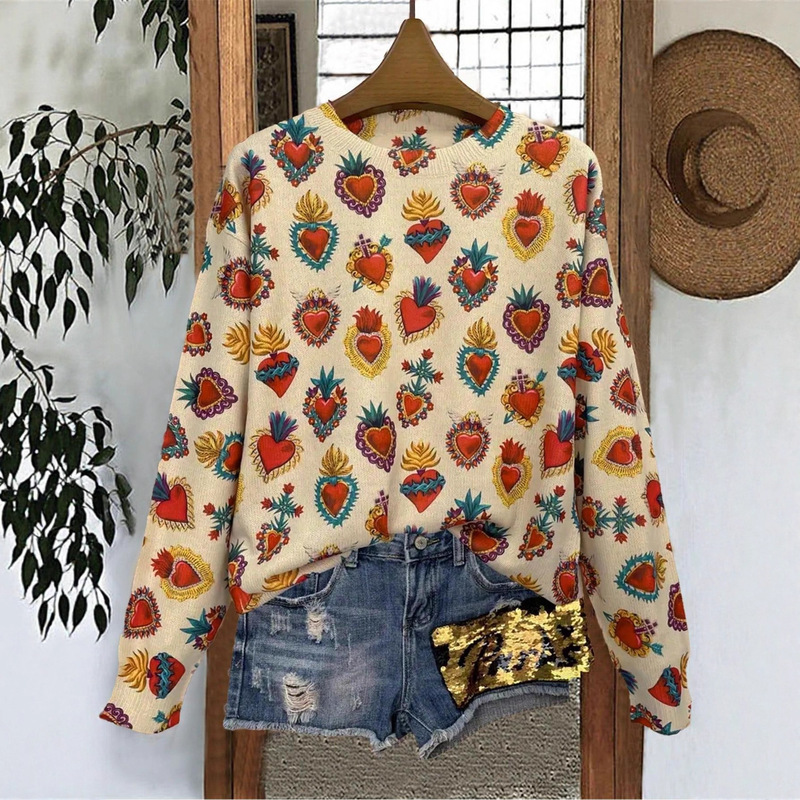 Fashion Women Plaid Casual Heart Pattern Long Sleeve Sweater Spring Autumn Casual Valentine's Day Round Neck Knitwear Female