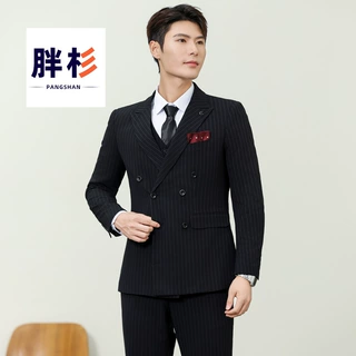 胖杉弹力条纹西服套装男士双排扣商务休闲西装三件套新郎结婚礼服