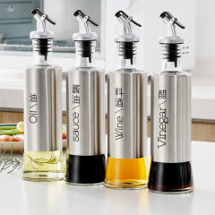 Glass seasoning bottle, stainless steel oil jug, one-piece dropshipping household kitchen seasoning bottle, soy sauce and vinegar bottle, cooking wine jug set