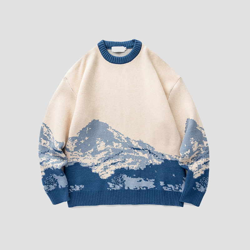 Autumn and Winter Tie-Dye Snow Mountain Style Trendy Brand Round Neck Knitwear Men's Loose Knitwear Hong Kong Style Knitwear Long-Sleeved Jacket