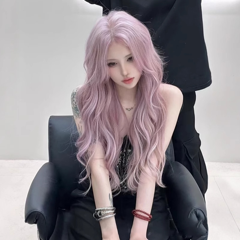 Wig Female Pink Purple Long Hair Female Group Wool Curly Lolita Lolita Medium Parted Long Curly Hair Artificial Hair Full Headgear