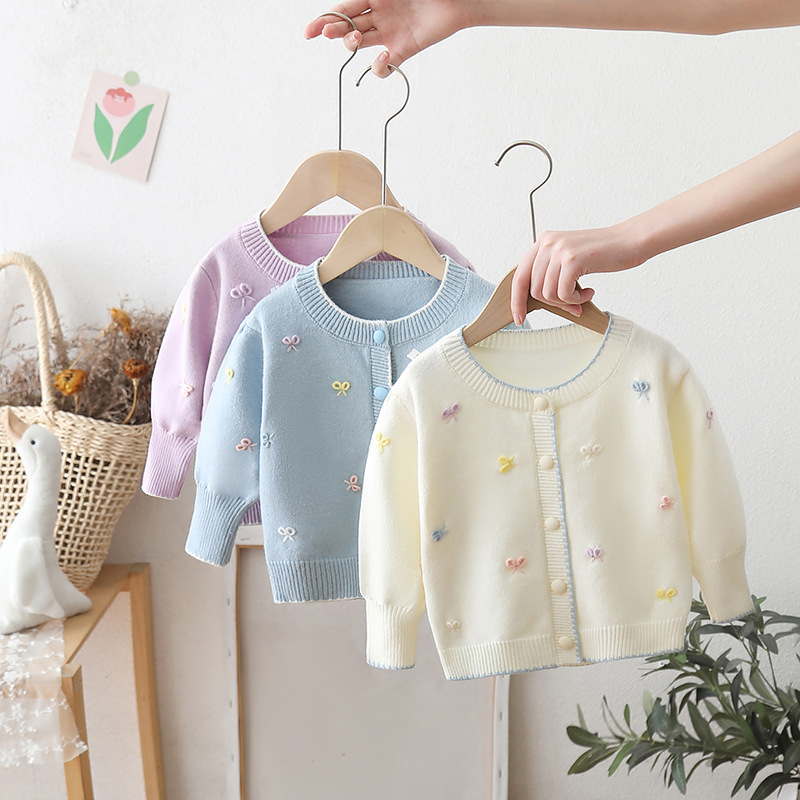 Children's spring and autumn handmade bow sweater cardigan, girls' puff sleeve princess top, baby knitted cardigan, stylish