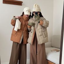 白鸭绒中长款羽绒服女2025新款撞色立领加厚宽松冬季韩版浅卡其