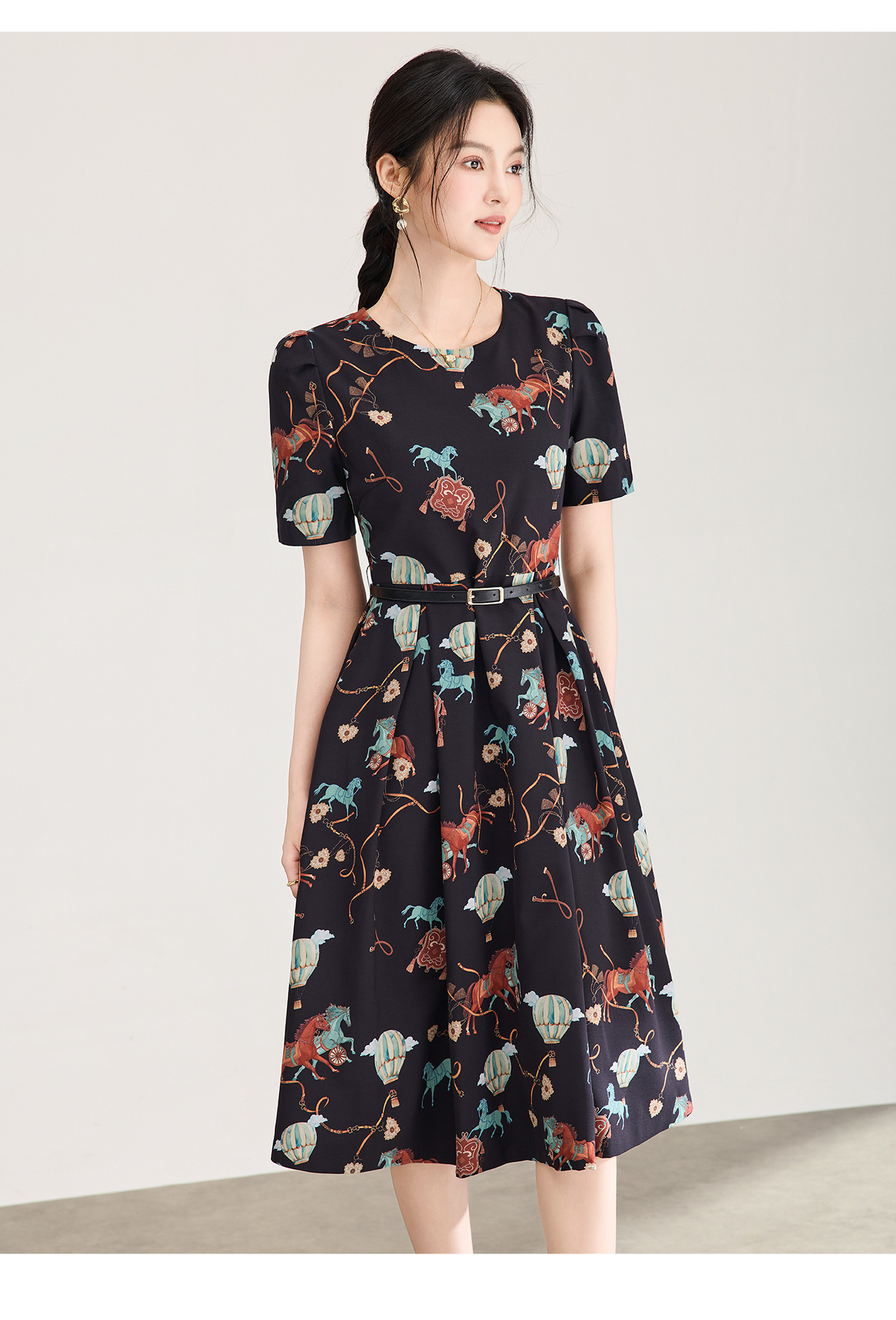 Đầm chữ A tay ngắn in họa tiết chiffon mùa hè — màu đen chi tiết 14
