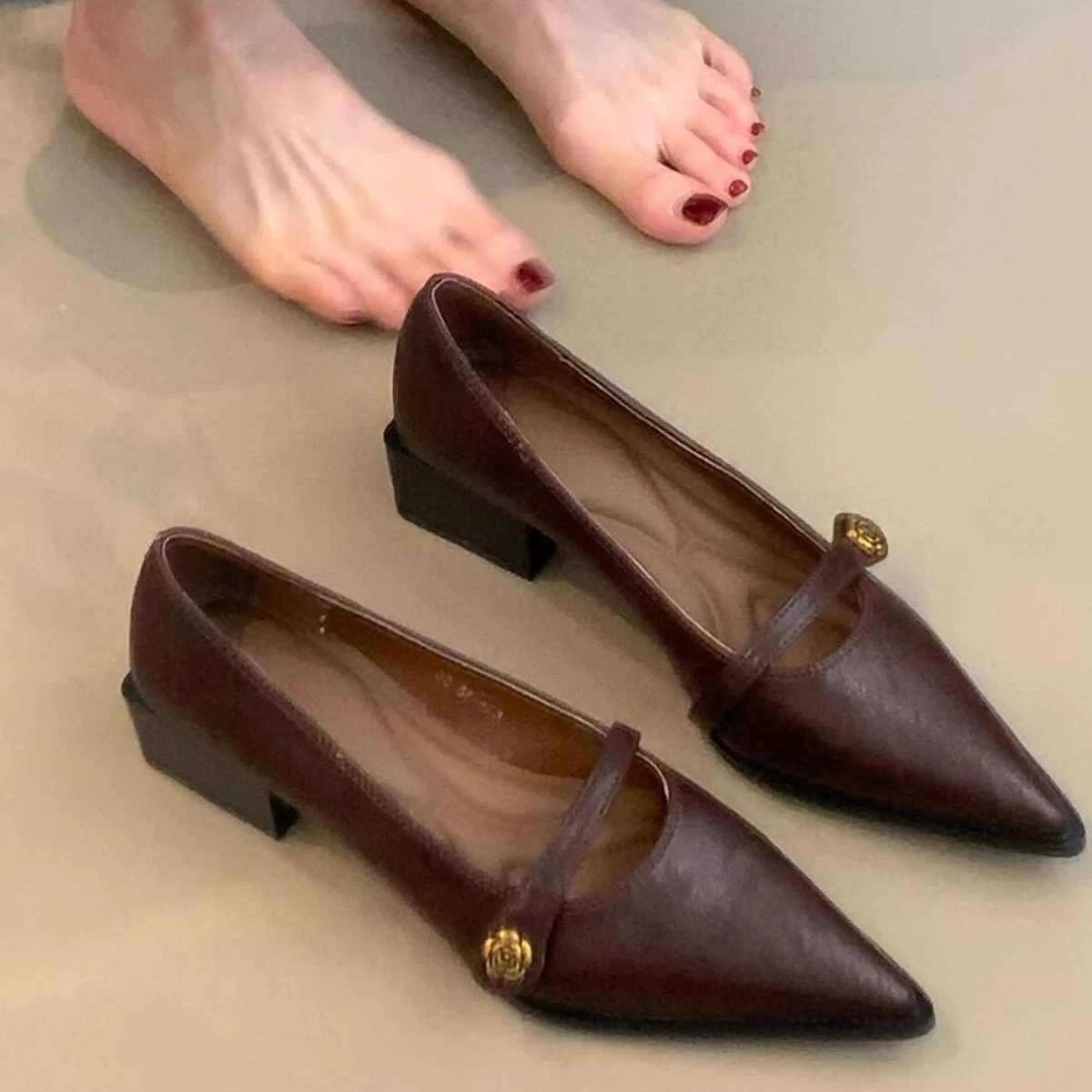 В наличии: 6355 Ретро туфли на низком каблуке для женщин, новая весенне-осенняя модель, туфли с одним ремешком на массивном каблуке и заостренным носком