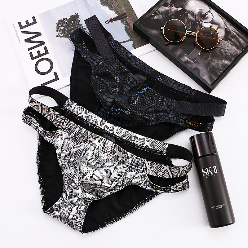 Cross-Border Supply Men's Underwear Hollow Triangle Imitation Snakeskin Pattern Sexy Underwear Trendy Python Print Type Men