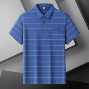 2025 Summer Plus Size Men's Striped Lapel Short-Sleeved T-Shirt Plus Fat Plus Loose Elastic Sports Top