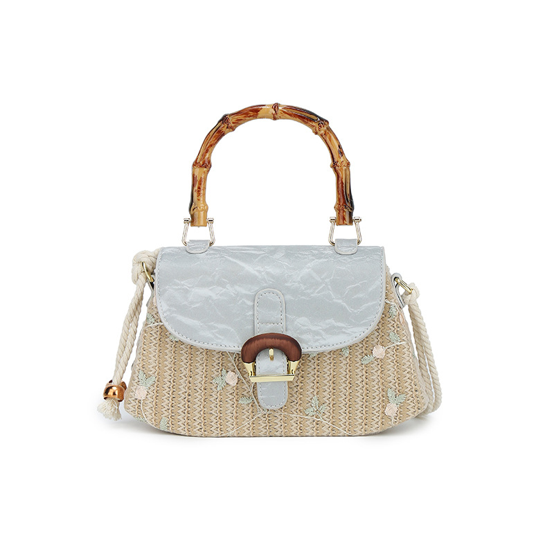 Bolso de hombro para mujer, estilo pastoral, bolso de mano con mango de bambú tejido de paja, bolso de mensajero de playa de bosque fresco y dulce