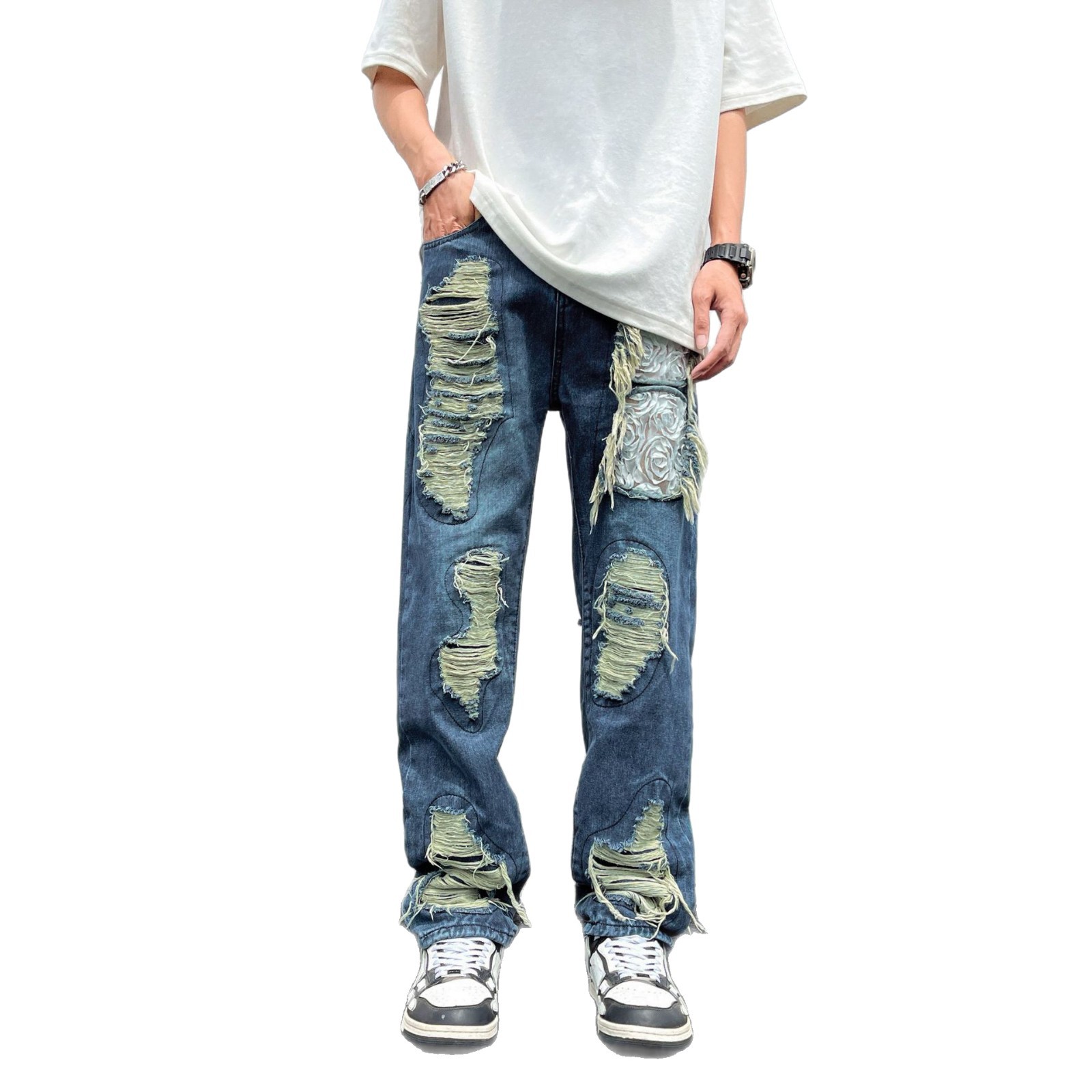 Tie-Dye Ripped Jeans For Men And Women American High Street Vintage Washed Slim Fit Flared Pants_mkmklike.com
