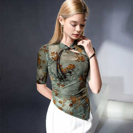 国风T恤女春夏新款设计感中袖修身复古风盘扣上衣