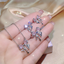 全托管跨境新品ins风蝴蝶结十字架吊坠耳环戒指项链首饰套装3件套