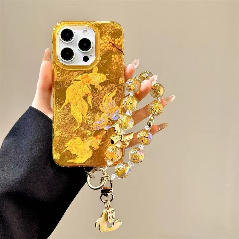 El nuevo pez dorado con patrón de papel de aluminio coreano es adecuado para Apple 15promax funda para teléfono móvil 16pro personalidad 14/13 corazón de niña