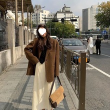 西装外套人字纹呢子秋冬新款加厚呢大衣宽松复古高级小个子大衣女