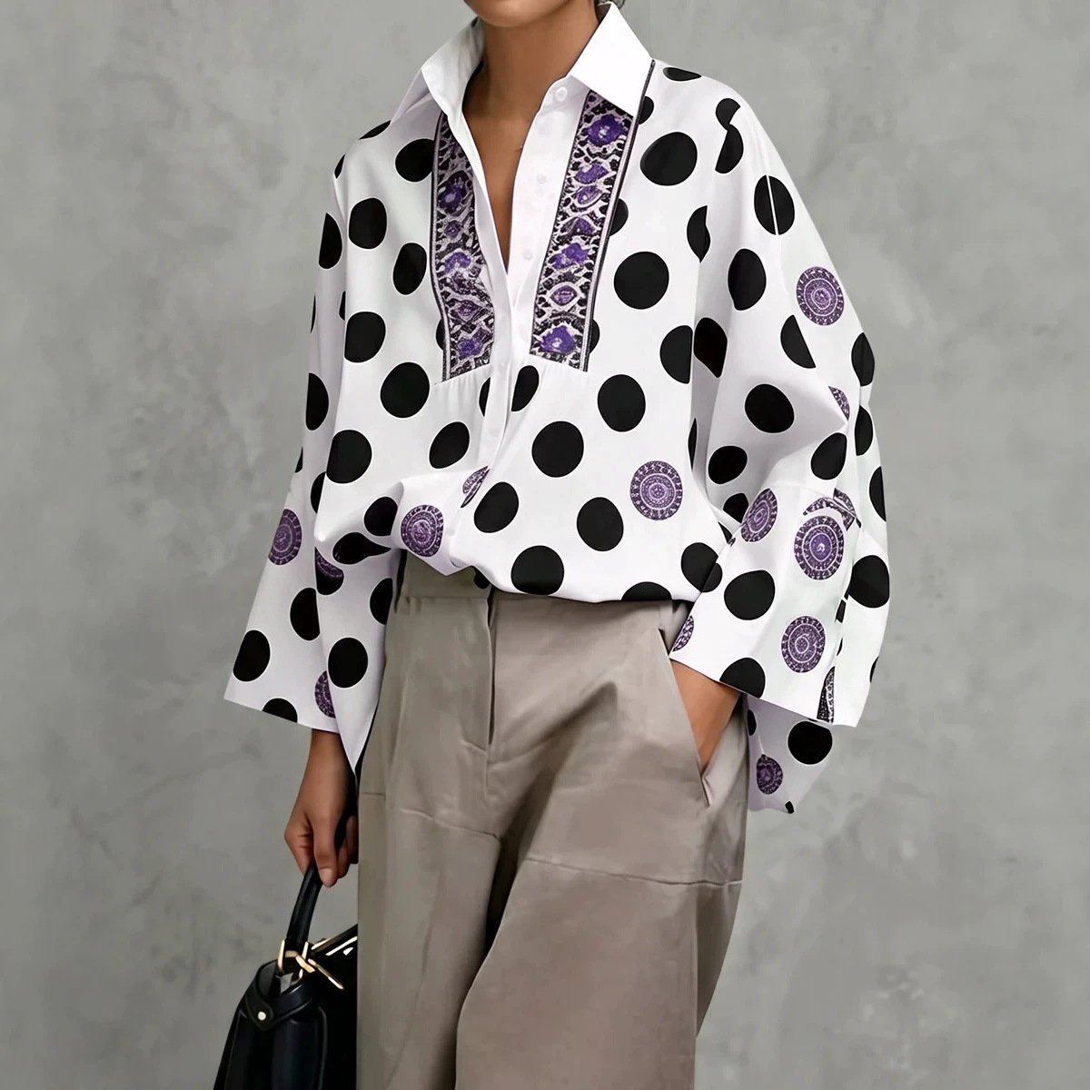 European and American Cross-Border 2026 Autumn New Polka Dot Print Long-Sleeve Shirt, French Style, Loose and Fashionable Women's Top