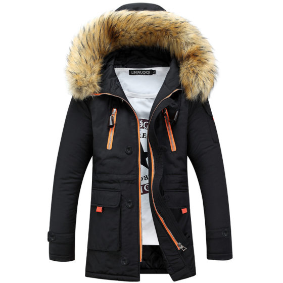 2024 men's men's cotton-padded jacket thickened big fur collar hooded couples youth coat long a generation of hair