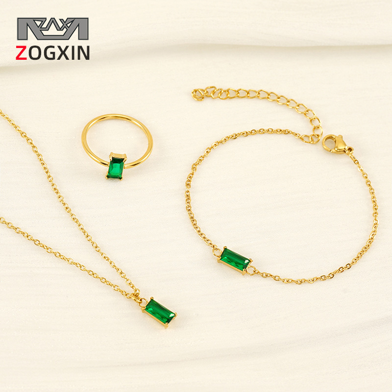 Acero inoxidable transfronterizo color verde tinta collar pulsera anillo conjunto de joyería chapado al vacío oro 18K joyería de acero titanio