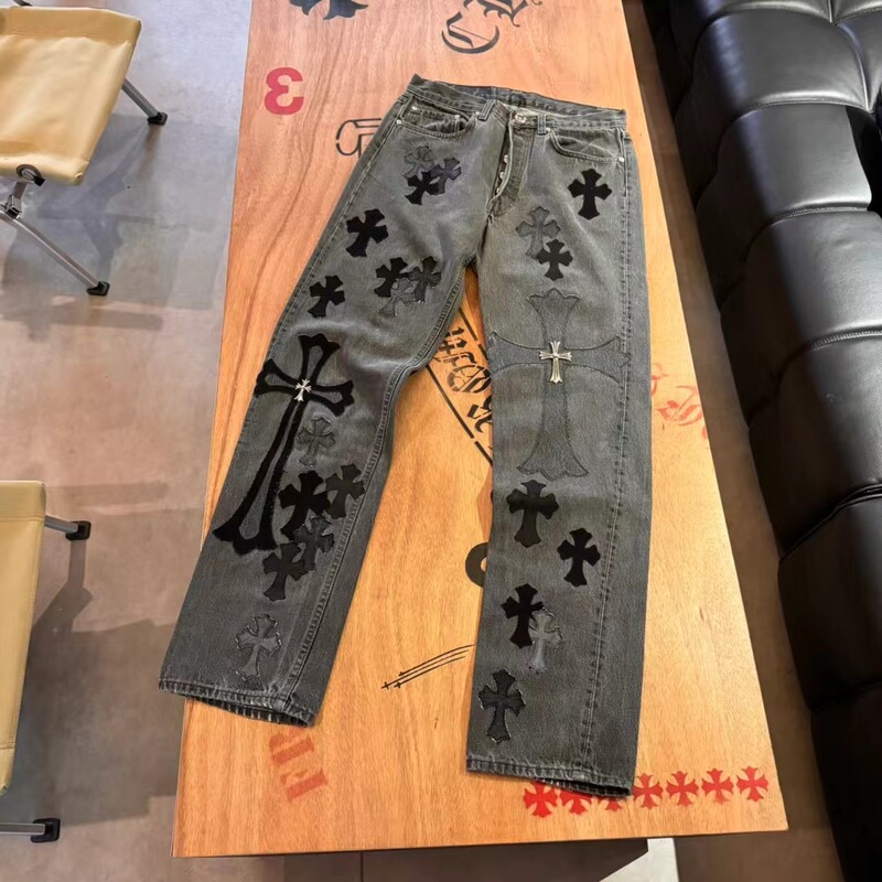 现货CH潮牌裤子限定火焰十字架刺绣直筒做旧水洗明星同款牛仔裤|undefined