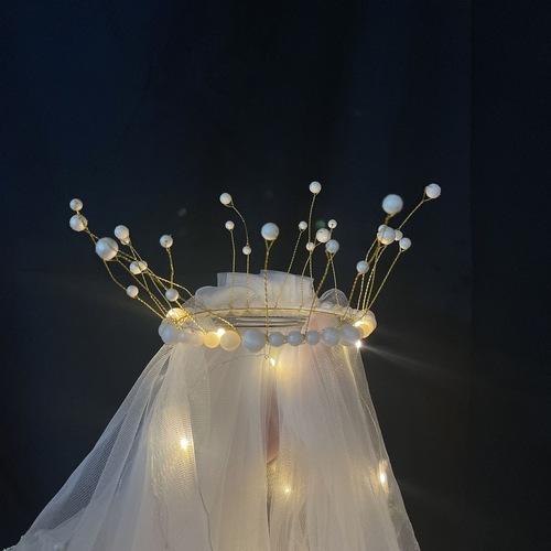 Internet celebrity pearl luminous veil bow hair accessory luminous headdress crown simple headdress pendant summer street stall wholesale