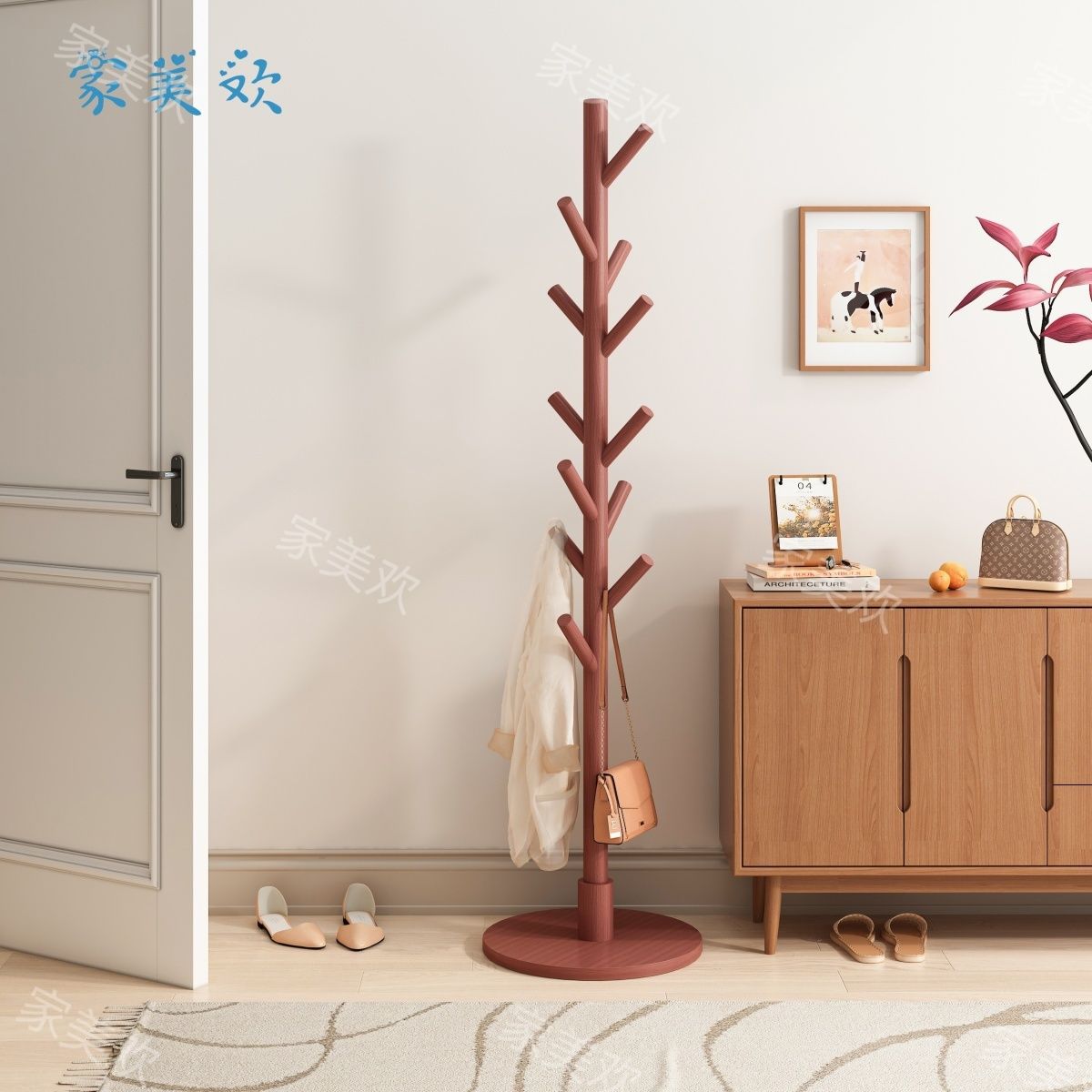 Solid Wood Multi-Purpose Simple Coat Rack, Disc Clothes Drying Rack, Bedside Table, Bag Rack, Hanging Clothes Rack, Floor-Standing Vertical