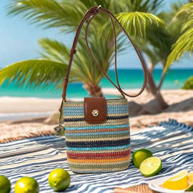 小众设计编织彩虹撞色水桶包包女2025新款时尚百搭度假单肩斜挎包