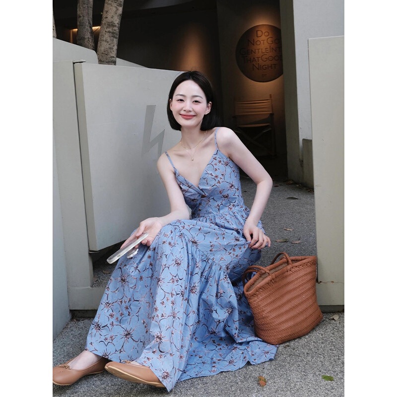 Blue Floral Sleeveless Spaghetti Strap Dress for Women, Summer Design with Hollow-Out V-Neck, Long Dress for Petite Figures, Slimming Beach Dress