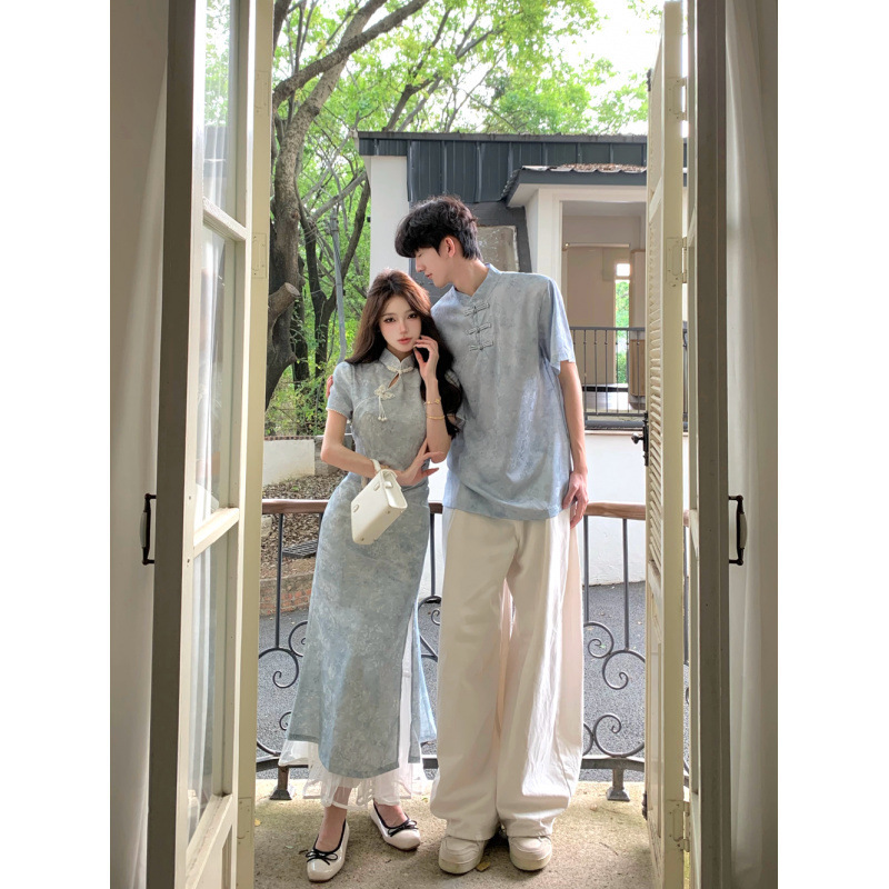 2026 Couple Outfits Summer New Style Internet Celebrity New Chinese Style Dress Cheongsam Men's Short-Sleeve Shirt and Gauze Skirt Set