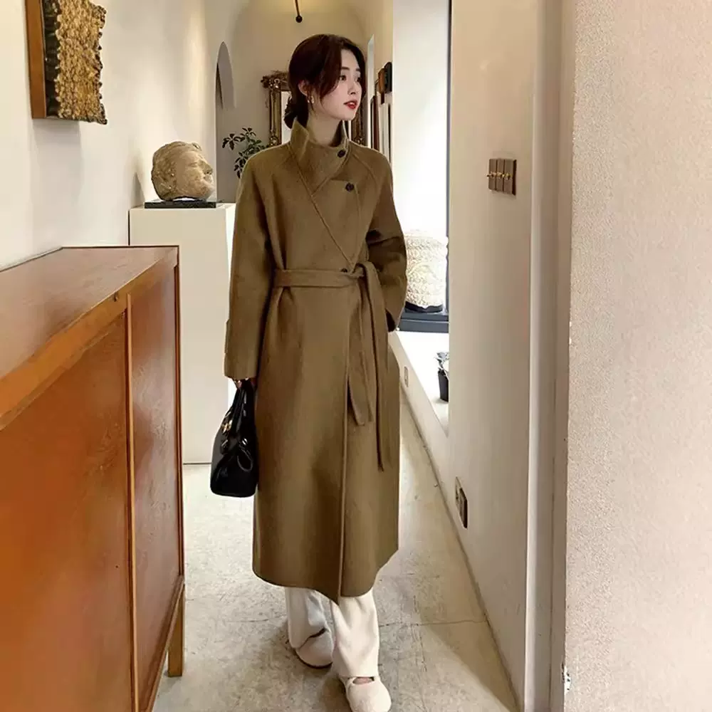 妃儿双面羊绒大衣女秋冬气质中长款系带宽松高级感小个子毛呢外套