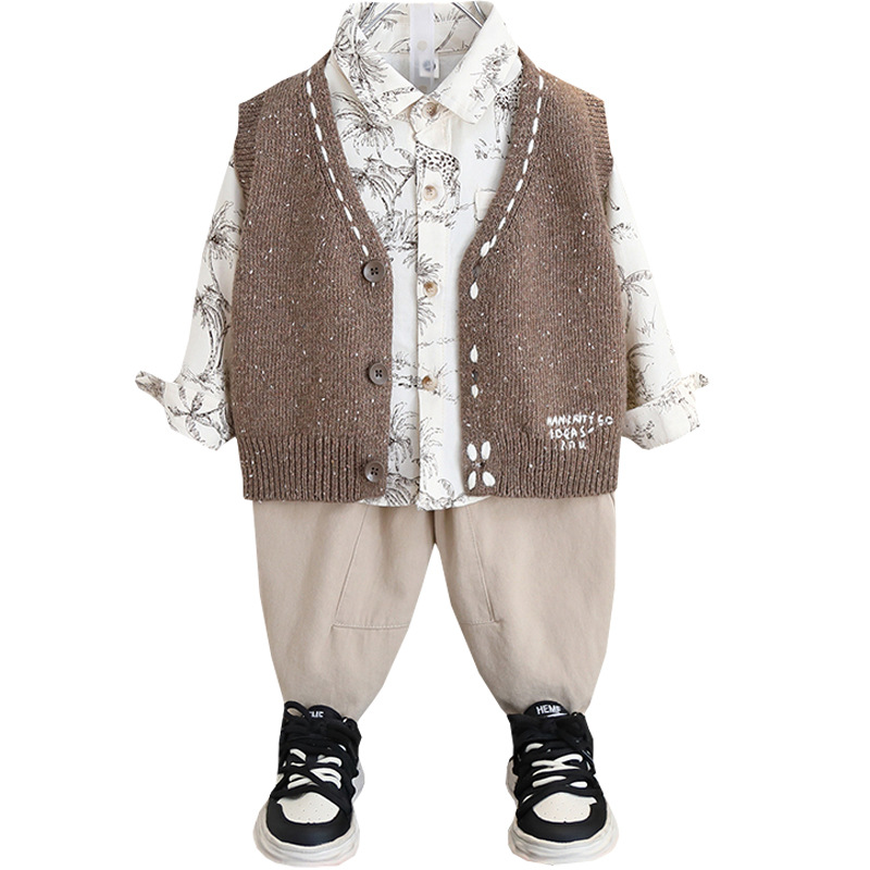 7073 traje de primavera para niños 2025 primavera y otoño nuevo suéter chaleco de punto traje de tres piezas ropa de bebé para niños