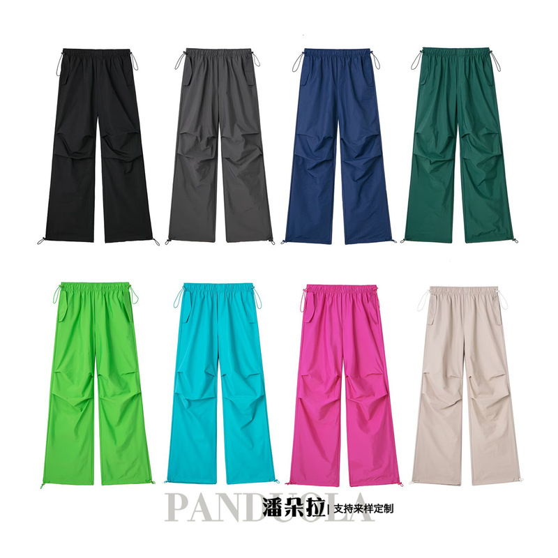 Cross-border European and American Women's 2025 Spring and Summer Fashion Casual Solid Color Lace-up Nylon Parachute Jogging Pants Casual Pants