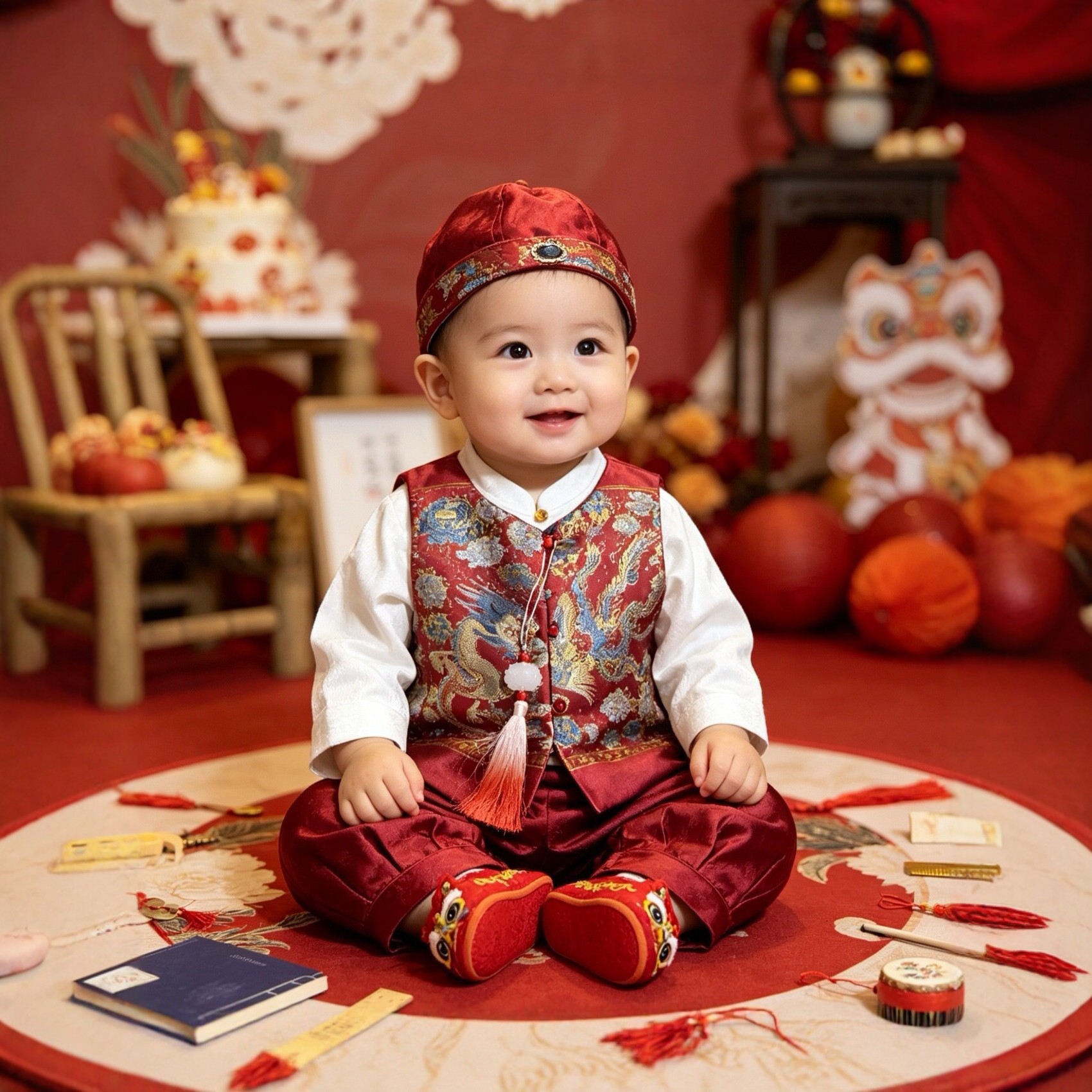 Baby's first birthday outfit, traditional Chinese Tang suit for boys, red color, suitable for a baby's full moon celebration or 100-day banquet, including a crown and outfit set