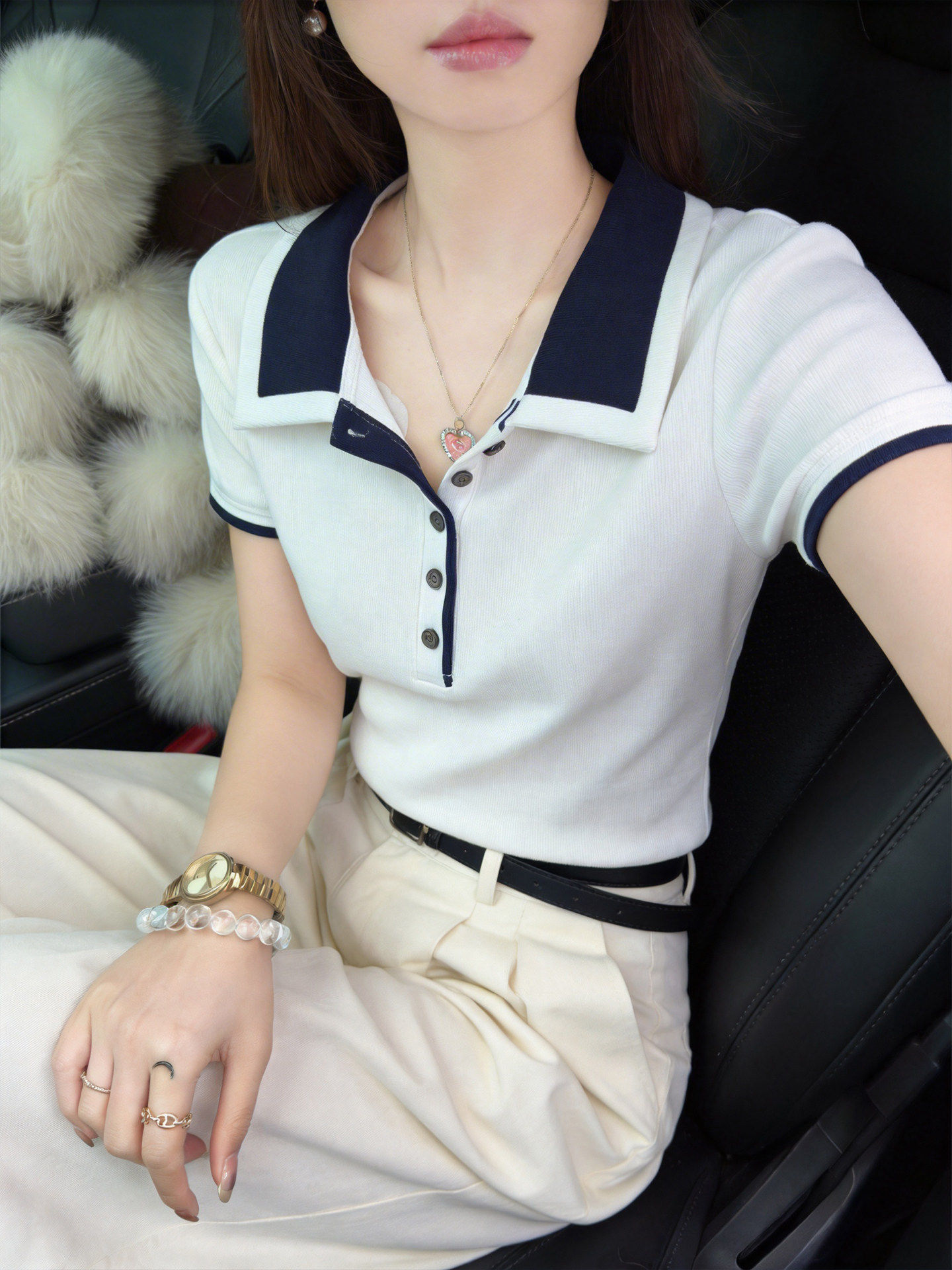 Áo thun polo nữ cổ bẻ tay ngắn dệt kim cài nút form ôm — Màu ảnh