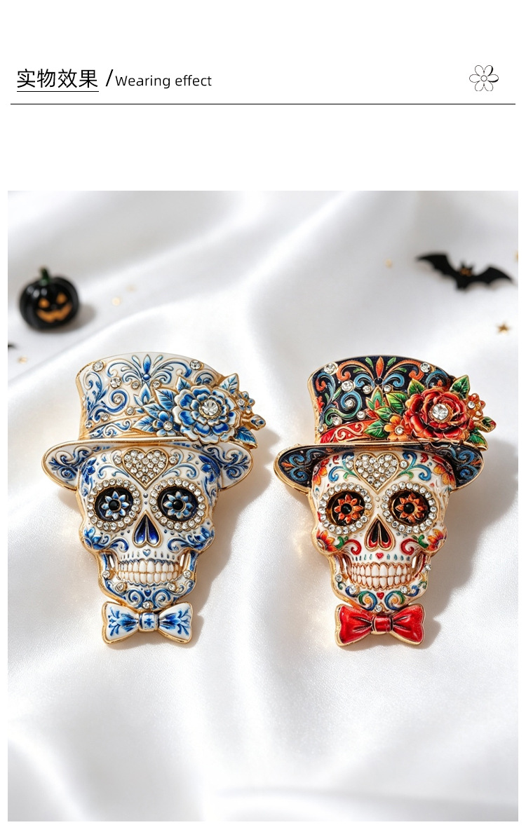 Original Mexican Day of the Dead skull brooch, top hat, rose, diamond-encrusted enamel, gothic style, unisex coat decoration pin