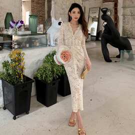 加工定制 新款女装法国小众性感V领长袖连衣裙高级感蕾丝长裙礼服