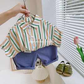 包邮休闲风童装绿色竖条纹衫韩国儿童宽松翻领衬衫男童短袖开衫薄