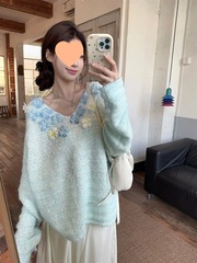 温柔风立体花朵v领毛衣女秋冬亮片针织衫蓝色慵懒风上衣外套打底