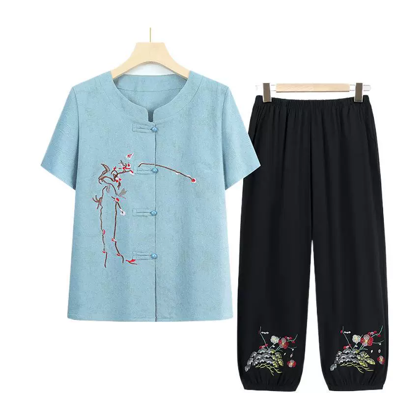 Летний костюм для маленьких женщин, комплект из хлопка и льна с короткими рукавами и вышивкой для 70-летней бабушки, комплект из двух футболок для мамы.