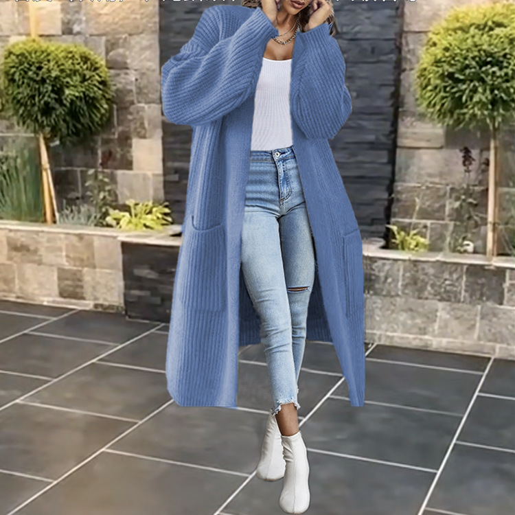 Lockerer, einfarbiger Strickjackenpullover für Damen mit gestrickten Taschen_voghion.com