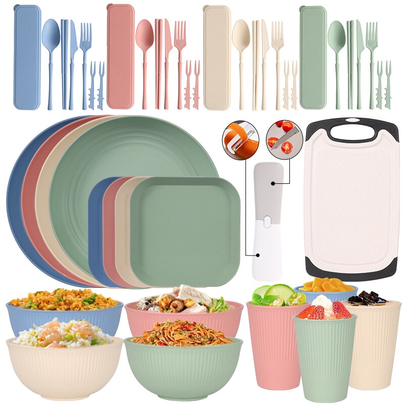 Cross-Border Wheat Straw Plates, Bowls, Cups, Forks, Spoons and Chopsticks, Outdoor Camping Tableware Storage Set, Cutting Board, Peeling Knife