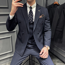 跨境外贸品质秋装新款男式西服套装三件套平驳领包扣条纹西装套装