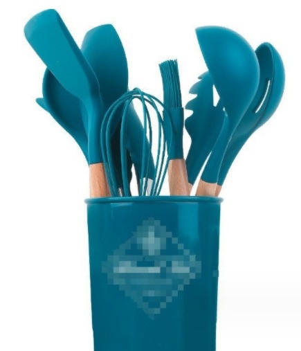 Juego de doce piezas de silicona de grado alimenticio, espátula resistente a altas temperaturas, cuchara, mango de madera de color, combinación de utensilios de cocina de silicona