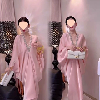 新中式国风女装2026新款重工钉珠粉色醋酸禅意宽松长袖连衣裙黑色