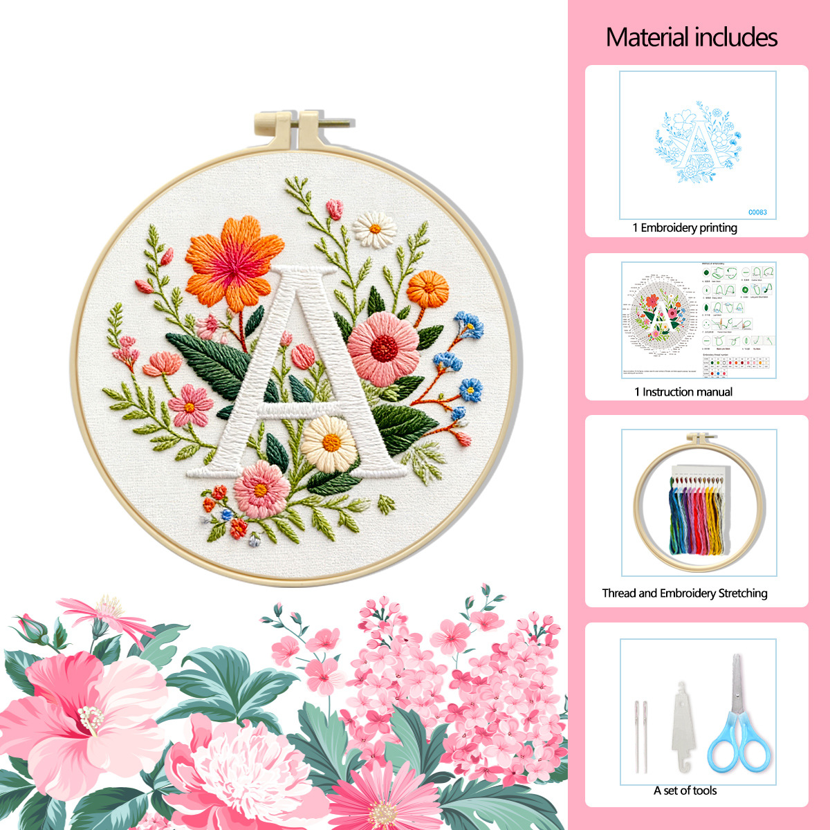 Bordado letra A floral bordado a mano material diy paquete europeo tridimensional transfronterizo Amazon venta caliente