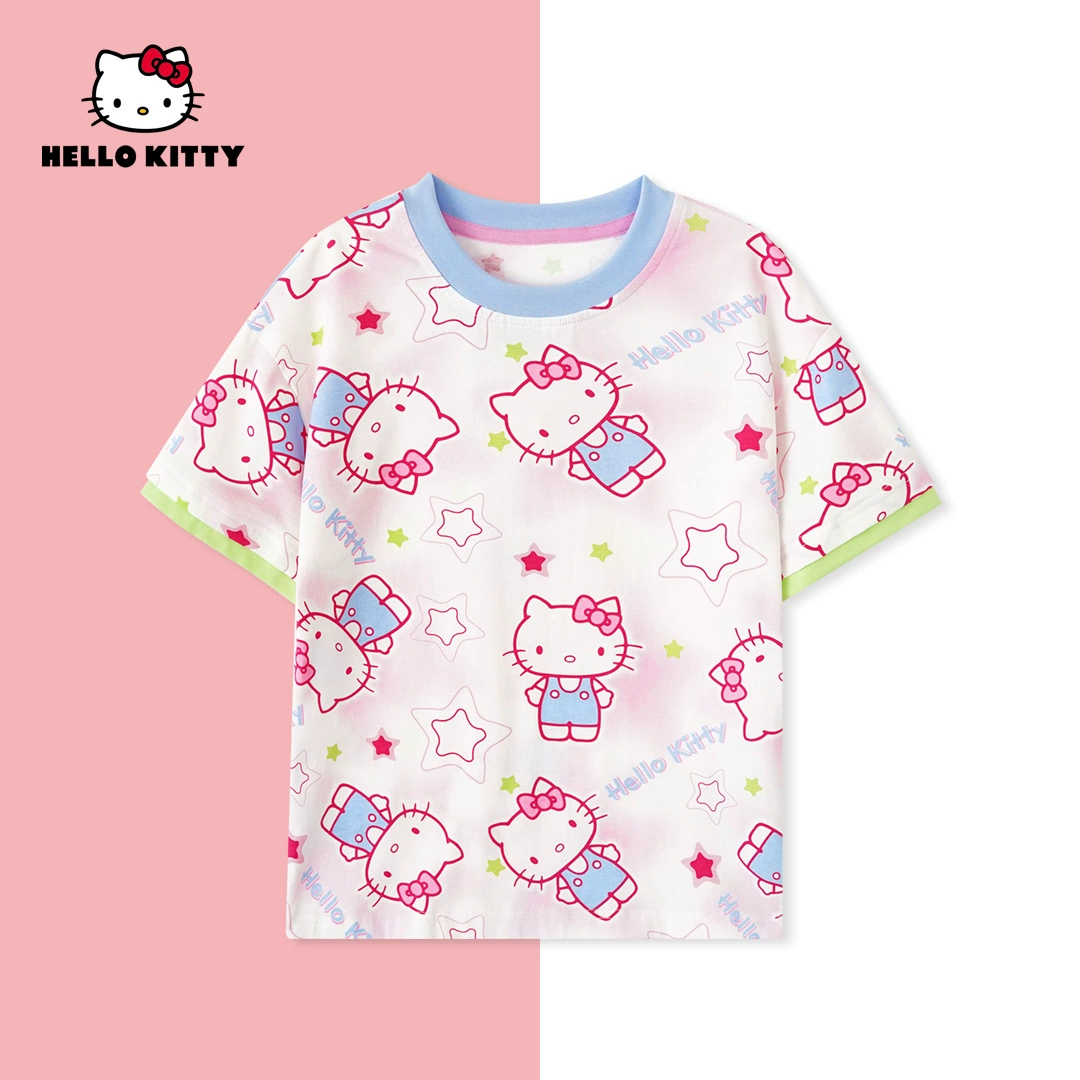 HelloKitty Летняя одежда для девочек мультфильм для девочек среднего и старшего ребенка мультфильм для детей мультфильм футболка MKYX10033