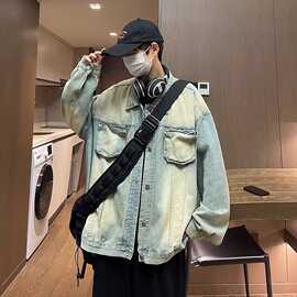大口袋水洗做旧牛仔外套男春秋季高街潮牌痞帅宽松休闲工装夹克