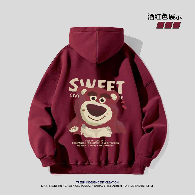 Silver Fox Velvet American Retro Cartoon Strawberry Bear Hooded Sweatshirt for Men and Women Versatile Trendyy Autumn and Winter Lazy Style Outer Wear Silver Fox Velvet American Retro Cartoon Strawberry Bear Hooded Sweatshirt for Men and Women Versatile Trendyy Autumn and Winter Lazy Style Outer Wear