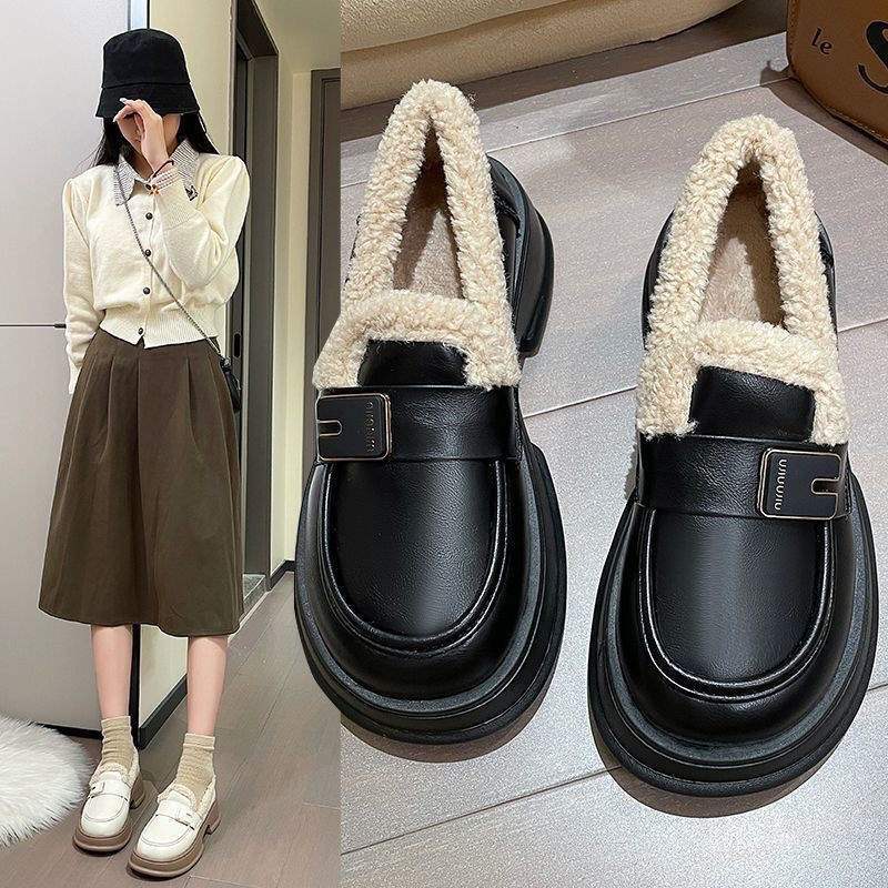 加绒厚底小皮鞋女2025新款秋冬加棉保暖乐福鞋复古百搭英伦风棉鞋