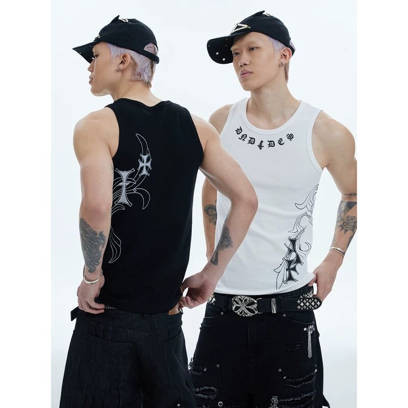 American Street Hip-Hop Tight-Fitting Cross-Print Sleeveless T-Shirt for Men, Trendy Sports Breathable Casual Top