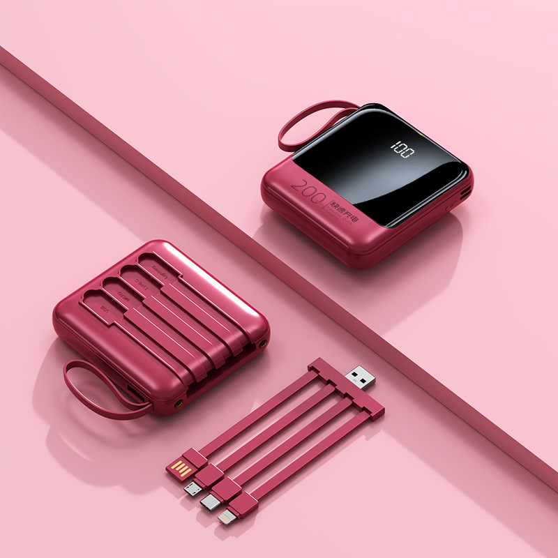 Batería Externa Compacta de 10000 mAh con Carga Rápida de 22.5 W, Cable Integrado, Color Rojo Rosa, Fuente de Alimentación Móvil, Regalo, Logotipo, Carga Rápida