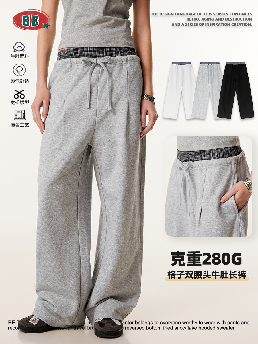 BE ropa de hombre de verano 2025 marca de moda americana de estilo neutro estilo de costura de cintura doble cabeza pantalones de piernas anchas pantalones deportivos rectos pantalones de moda para hombres